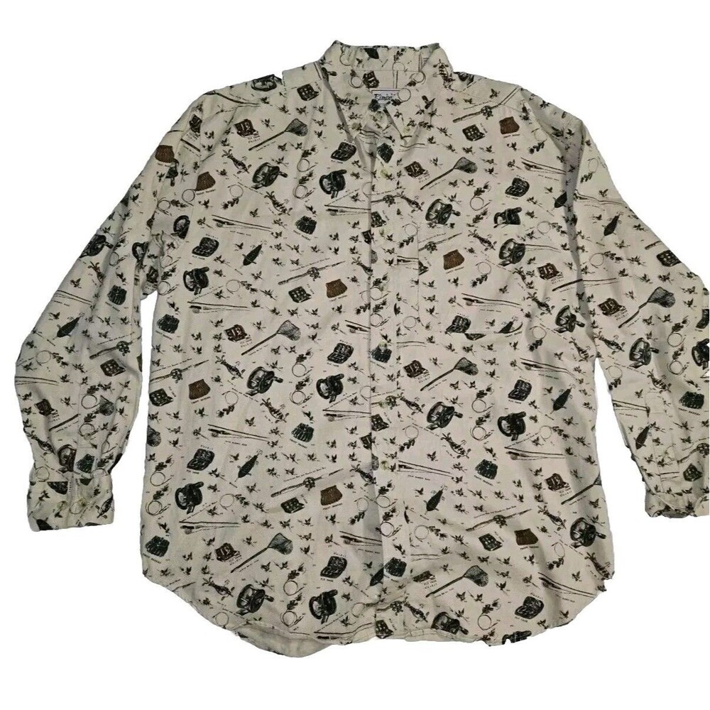 Mens Bimini Bay Outfitter LTD Khaki Button Down Fly Fishing Shirt Trout Print